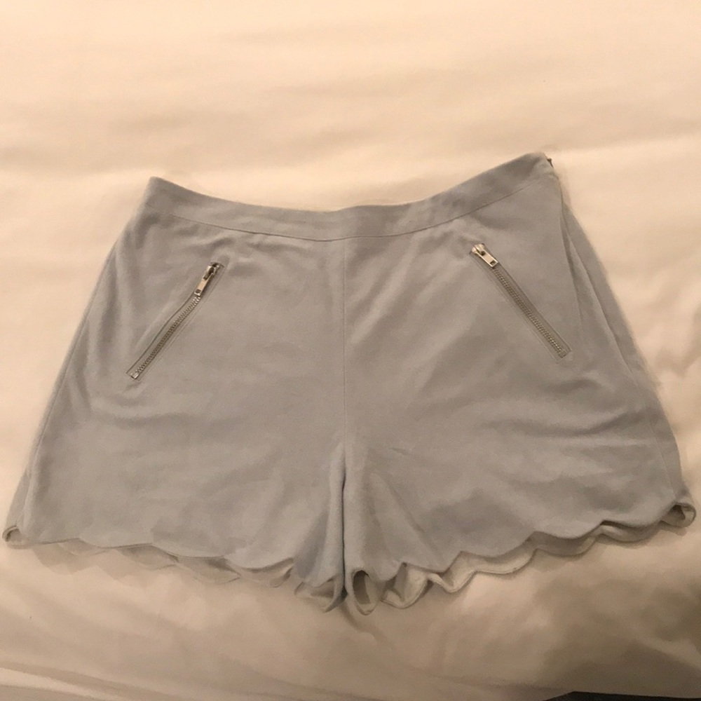 English factory baby blue suede shorts